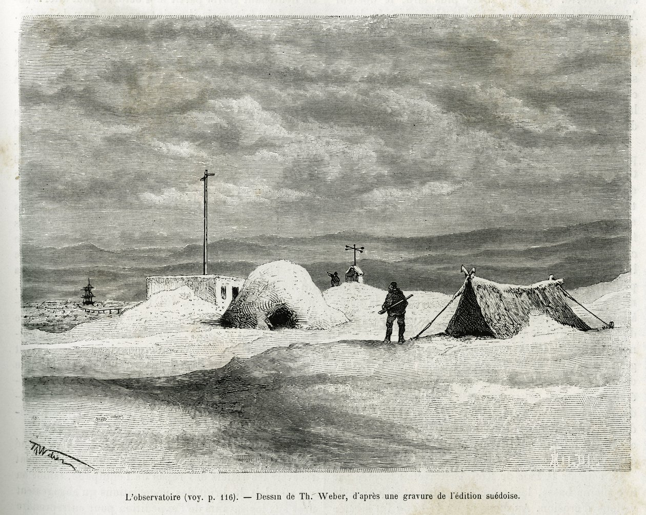 Det meteorologiske observatoriet ble installert i Koljutschin-bukten (polarsirkelen), mens skipet La Vega ble fanget i isen og mannskapet forberedte seg på overvintring. Gravering av Th.Weber, for å illustrere historien "" reise til Vega rundt Asia a av Theodore Weber