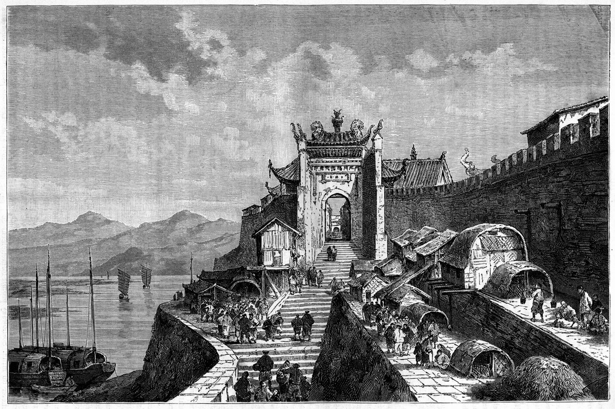 Utsikt over Shanghai-porten ved Huangpu-elven, Kina i årene 1870-1880. Gravering etter en tegning av Weber, i "Le Tour du Monde, Nouveau journal des Voyages", redigert av Edouard Charton, Paris av Theodore Weber