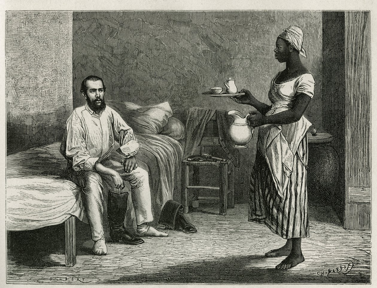 Portrett av forfatteren og reisende, når han våkner, blir servert kafeen på rommet hans av en ung haitisk kvinne, gravering av T.Wust, for å illustrere historien La republique d'Haiti, av Edgar La Selve, professor i retorikk i Port au Prince, i 1871, p av Theodore Wust