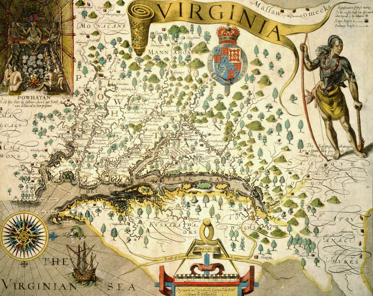 Sloane MS 1622 Kart over Virginia, som viser i øvre venstre hånd et bilde av Chief Powhatan av John Smith (1580-1631) 1624 (håndfarget gravering) av Theodore de (after) Bry