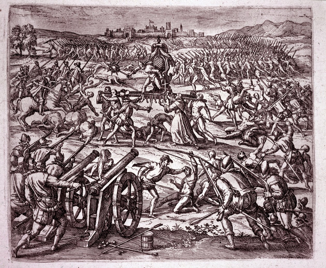En dominikansk munk, som føler seg hånet av inka-kongen Atahualpa (Atabaliba), oppfordrer Francisco Pizarro til å ta hevn (Gravering av Theodore de Bry
