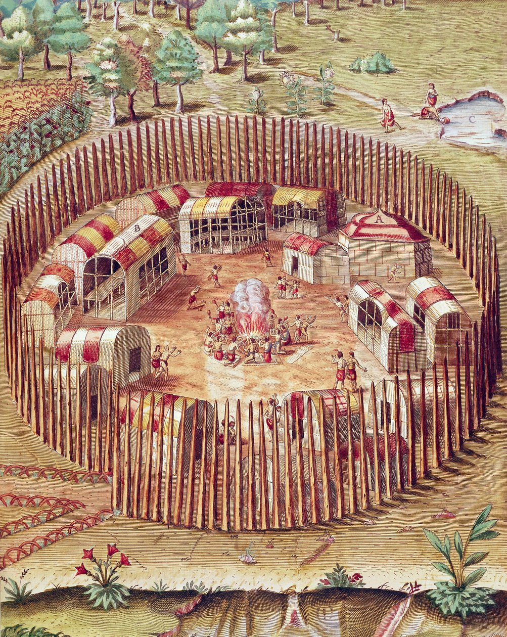 En Pomeiok indisk befestet landsby, illustrasjon fra Admiranda Narratio, av Theodore De Bry av Theodore de Bry