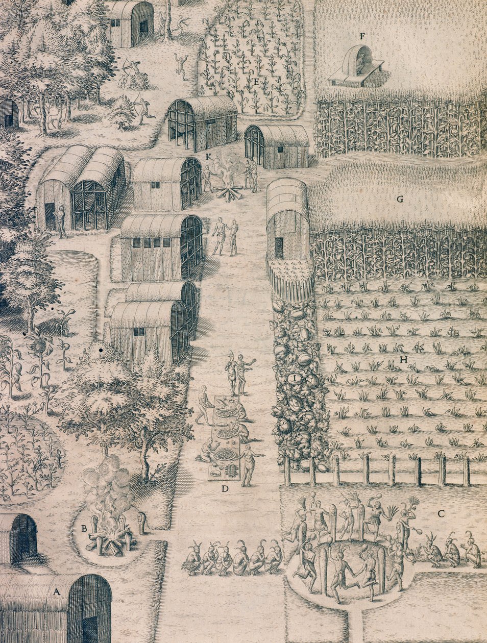 En innfødt indisk landsby omgitt av dyrket mark i Virginia av Theodore de Bry