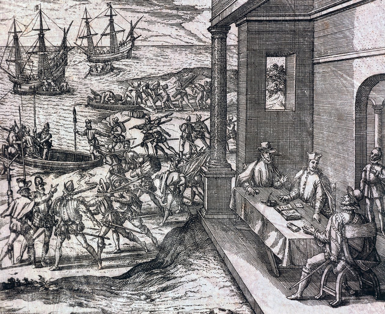 Avtale mellom Francisco Pizarro, Diego de Almagro og Hernando de Luque om å utforske og utnytte Peru av Theodore de Bry