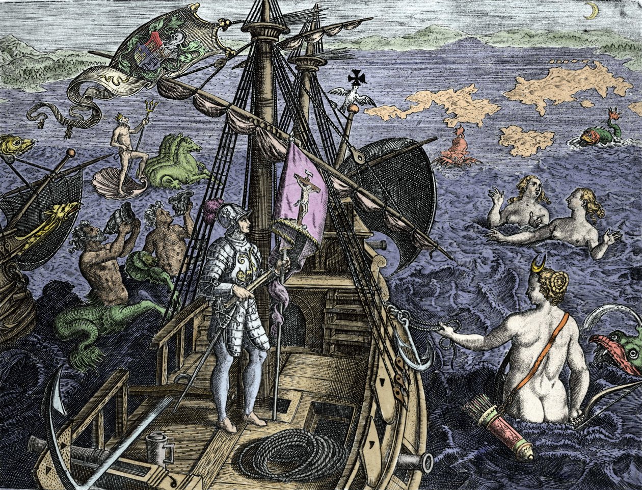 Allegorie des voyages de Christopher Columbus (1451-1506), gravering fra "Historia America sive Novi Orbis" av Theodor de Bry (1527-1598), Amsterdam 1594 av Theodore de Bry