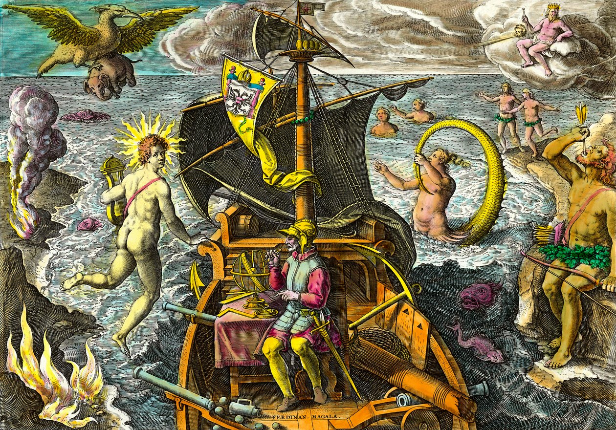 Allegorie på reisene til navigatøren Fernand de Magellan (1480-1521), skildrer på skipet hans ved hjelp av en armillarkule og omgir mytologiske karakterer og fantastiske dyr. Gravering fra "Admirante Narratio Americae"" av Theodore de Bry (1528-159) av Theodore de Bry