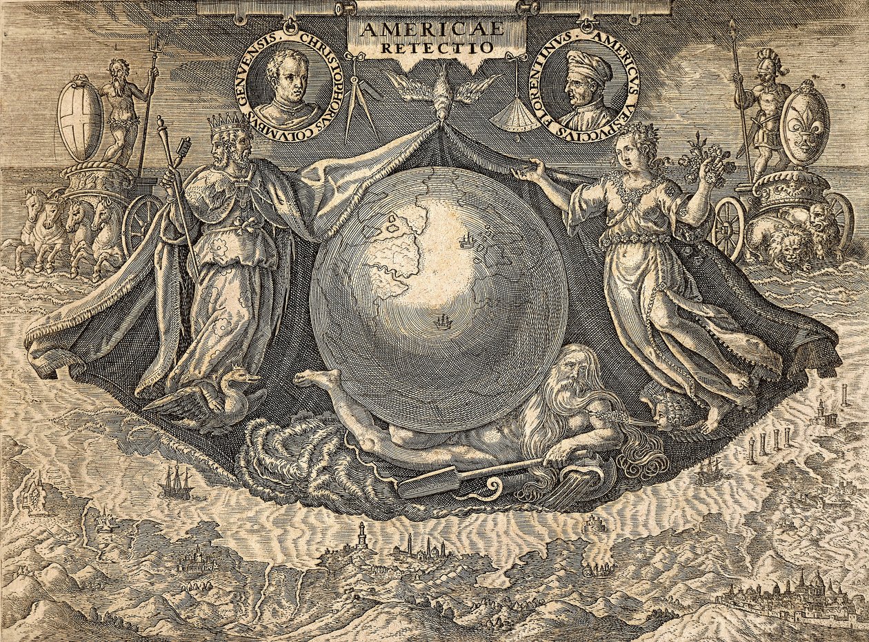 Allegori om Vestindia eller Amerika, med portretter av navigatørene Christopher Columbus og Amerigo Vespucci av Theodore de Bry