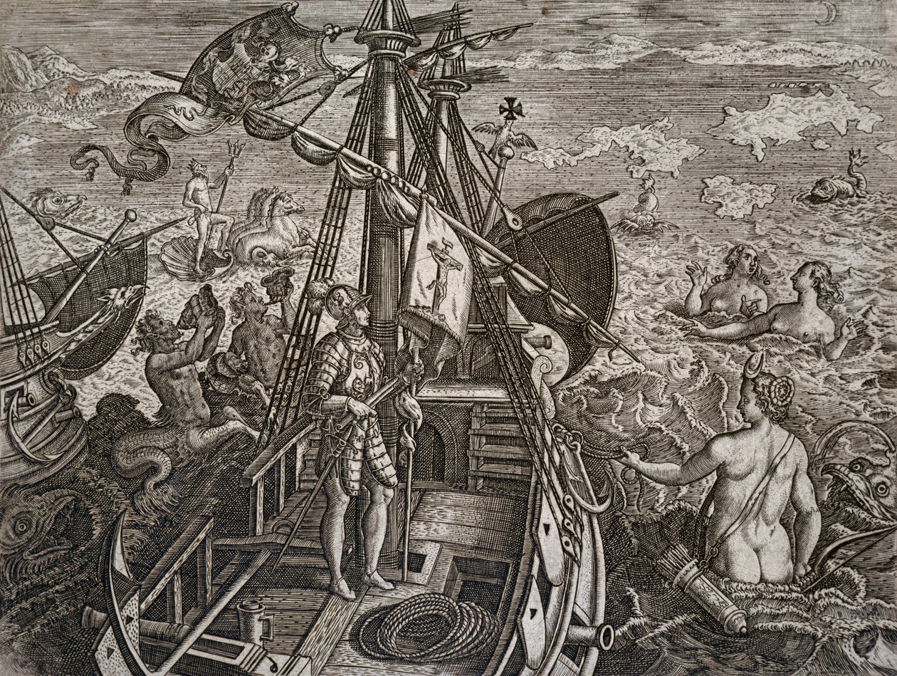 Allegori om reisen til Christopher Columbus til oppdagelsen av den nye verden, gravering av Theodor de Bry (1528-1598) av Theodore de Bry