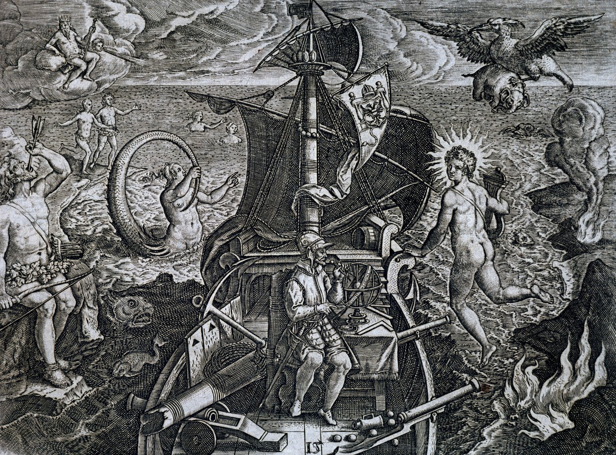 Allegori over reiser til Ferdinand Magellan (1480-1521), gravering av Theodor de Bry (1528-1598) av Theodore de Bry