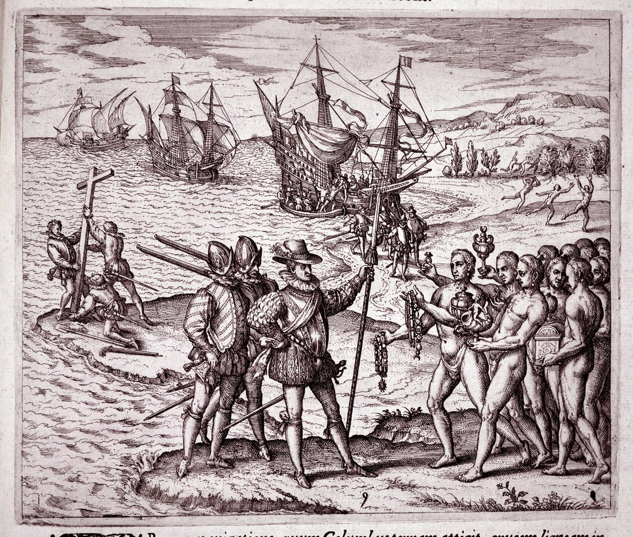 Ankomst av Christopher Columbus på øya Hispaniola i Vestindia (Gravering av Theodore de Bry