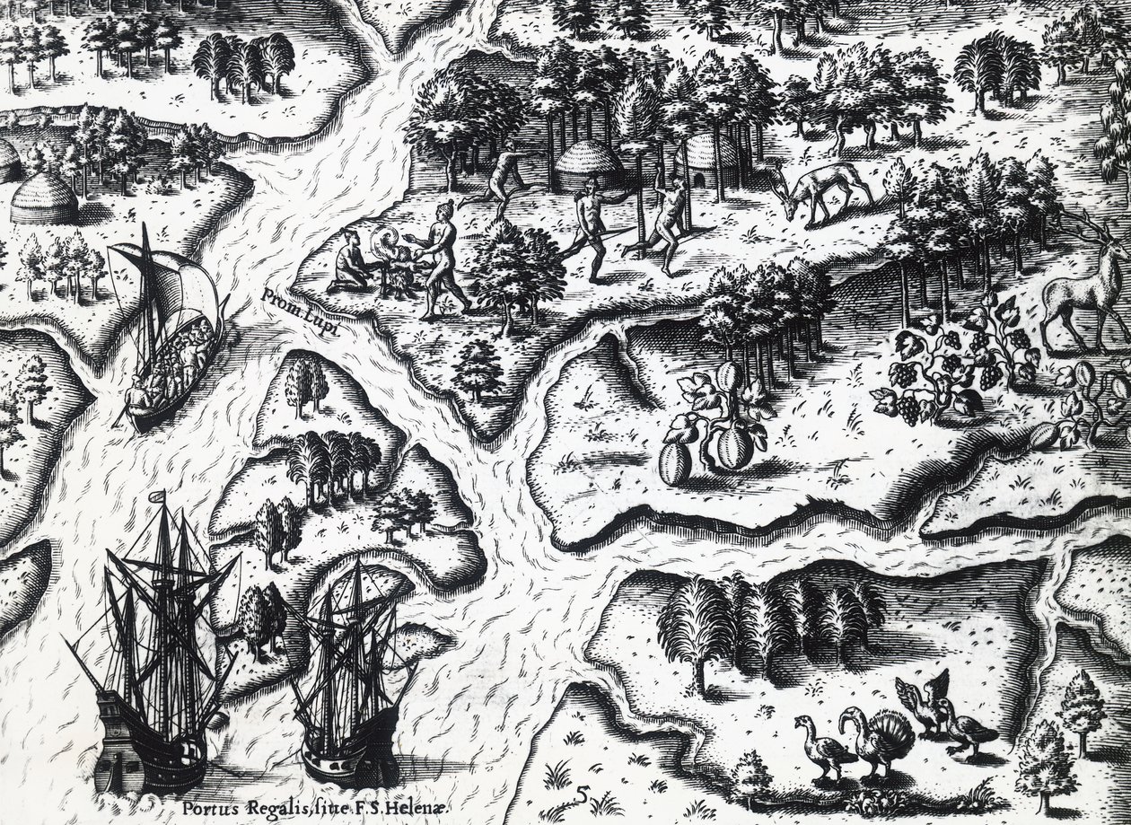 Frenchs ankomst til Port Royal i 1564, av Theodor de Bry (1528-1598) fra maleri av Jacques le Moyne de Morgues (ca 1533-før 1588), gravering av Theodore de Bry