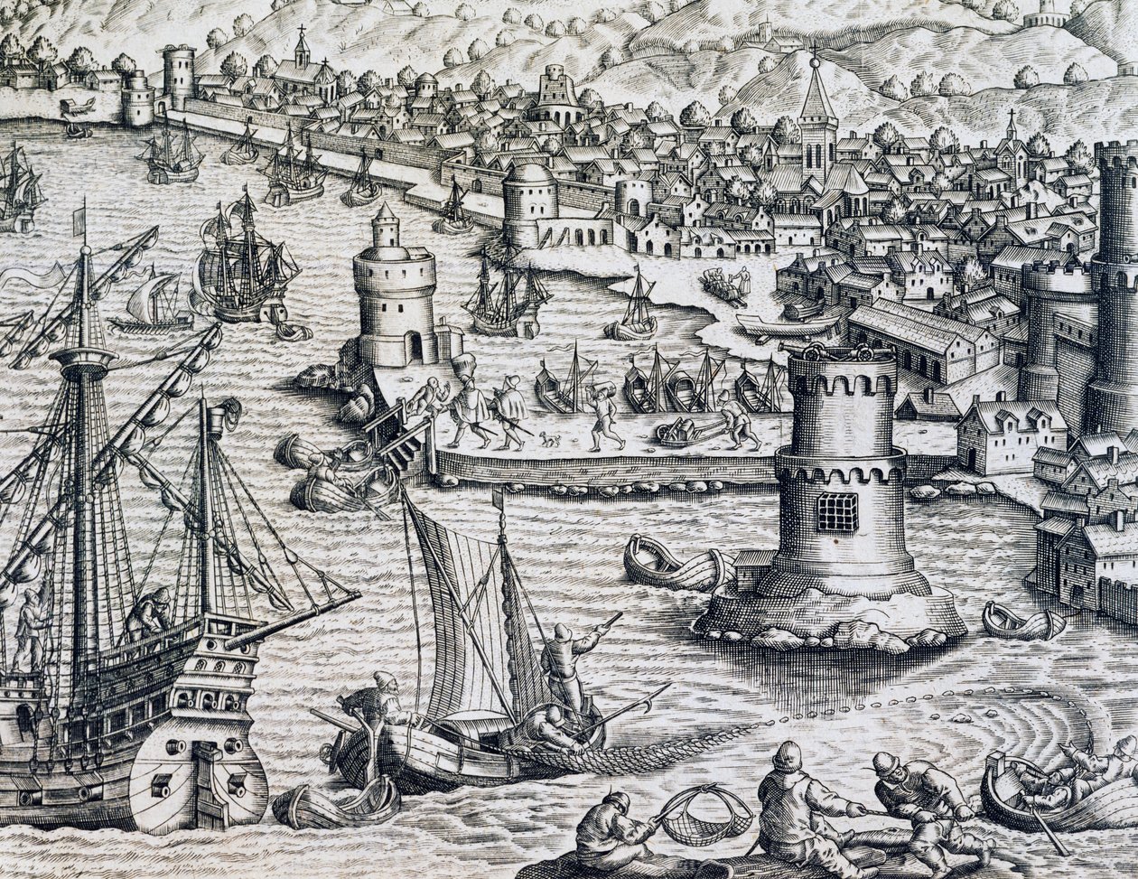 Ankomst av Girolamo Benzoni i havnen i La Palma, gravering fra Historia Americae, av Theodor de Bry (1528-1598), Frankfurt av Theodore de Bry