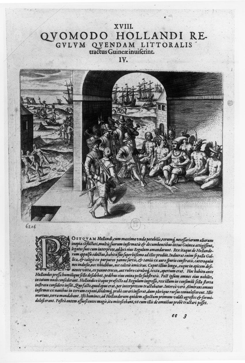 Ankomsten av de nederlandske lederne i Guinea: Forhandlingene om kjøp av slaver som skal selges tilbake til de spanske conquistadorene, fra "Petits Voyages", 1585-88 av Theodore de Bry