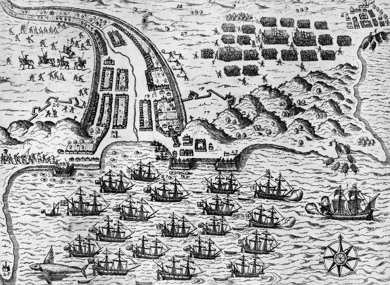 Angrep på Santiago 27. november 1585 (gravering) av Theodore de Bry