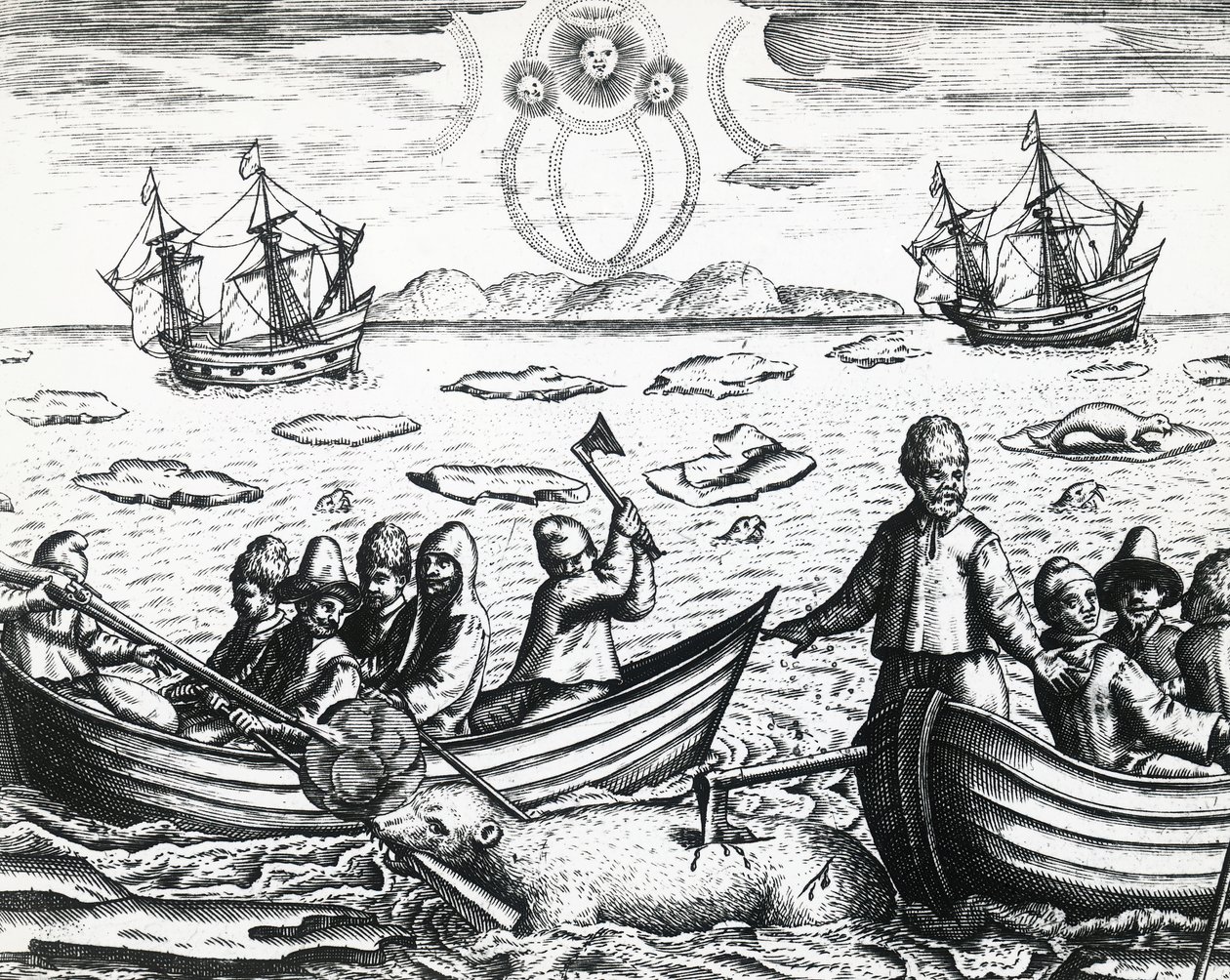 Aurora borealis og hvitbjørnjakt under tredje ekspedisjon ledet av William Barents (ca 1550-1597) på jakt etter Nordøstpassasjen i 1596, av Theodor de Bry (1528-1598), gravering av Theodore de Bry