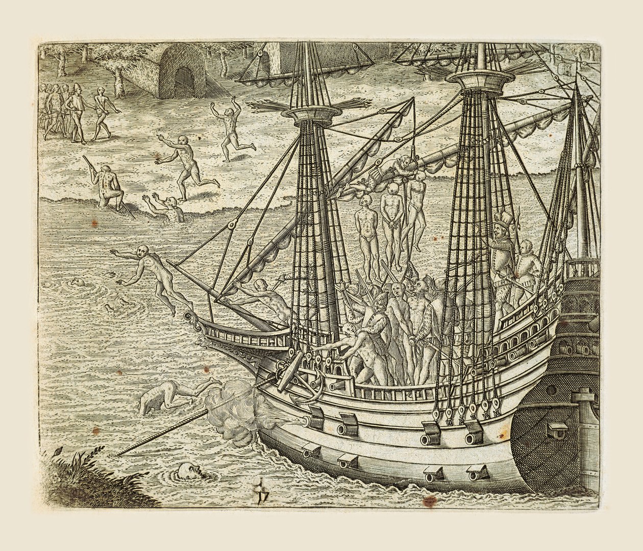 Bartolomeo Diaz henger noen indianere på karavel, gravering av Theodor de Bry (1528-1598) fra Amerika av Theodore de Bry