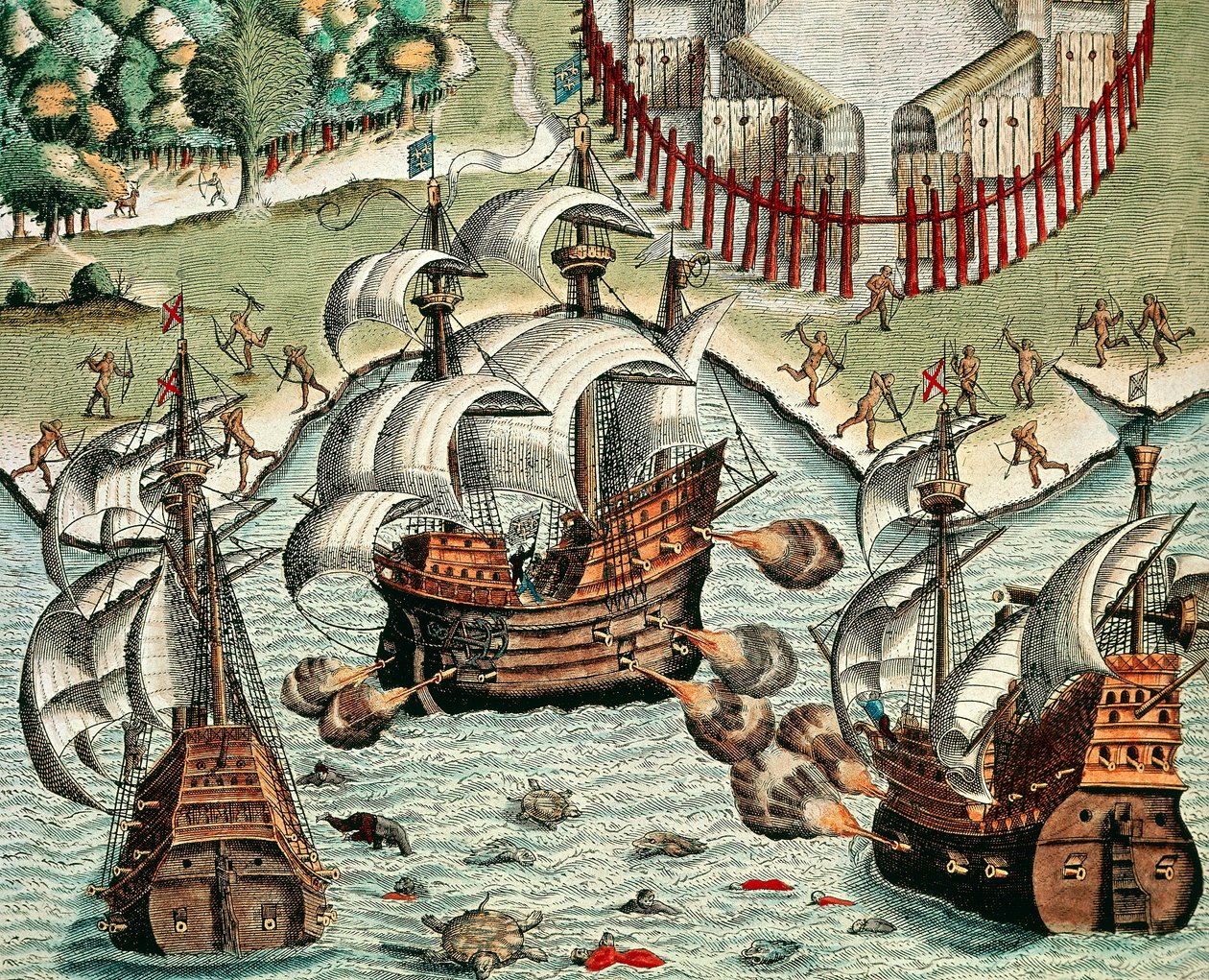 Kamp mellom franskmennene og portugiserne utenfor Buttugar av Theodore de Bry