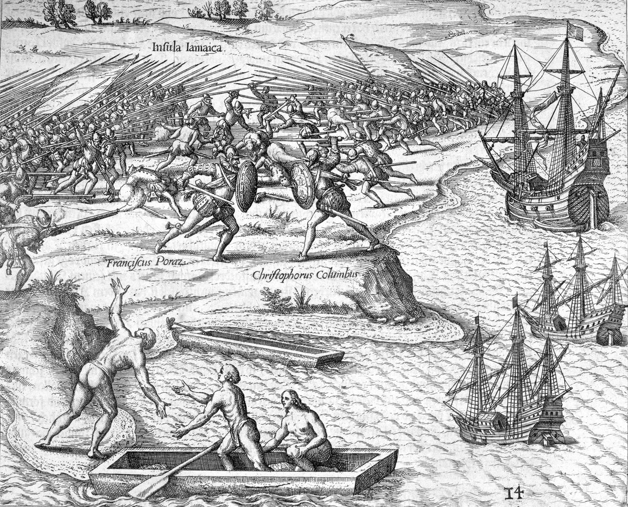 Slaget på Jamaica mellom Christopher Columbus og Francisco Poraz, 1504 1631 av Theodore de Bry