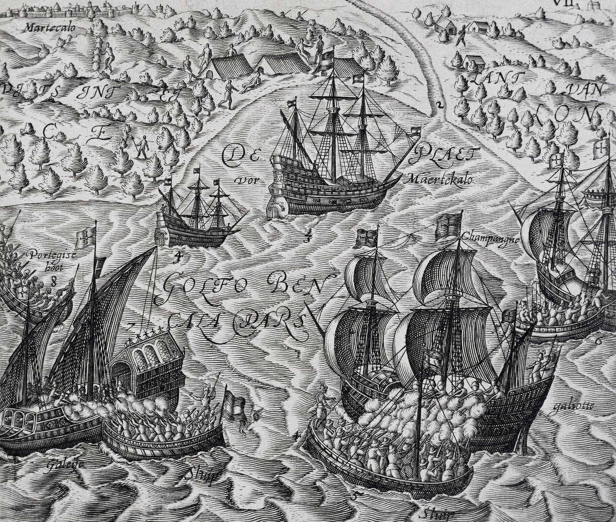 Slag foran byen Matical i Bengalbukta, gravering fra Indiae Orientalis, av Theodor de Bry (1528-1598) av Theodore de Bry