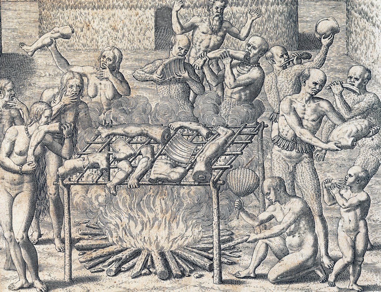 Kannibalisme av stammer i det indre av Brasil, gravering fra amerikansk historie av Theodore de Bry (1528-1598), Frankfurt, Sør-Amerika av Theodore de Bry