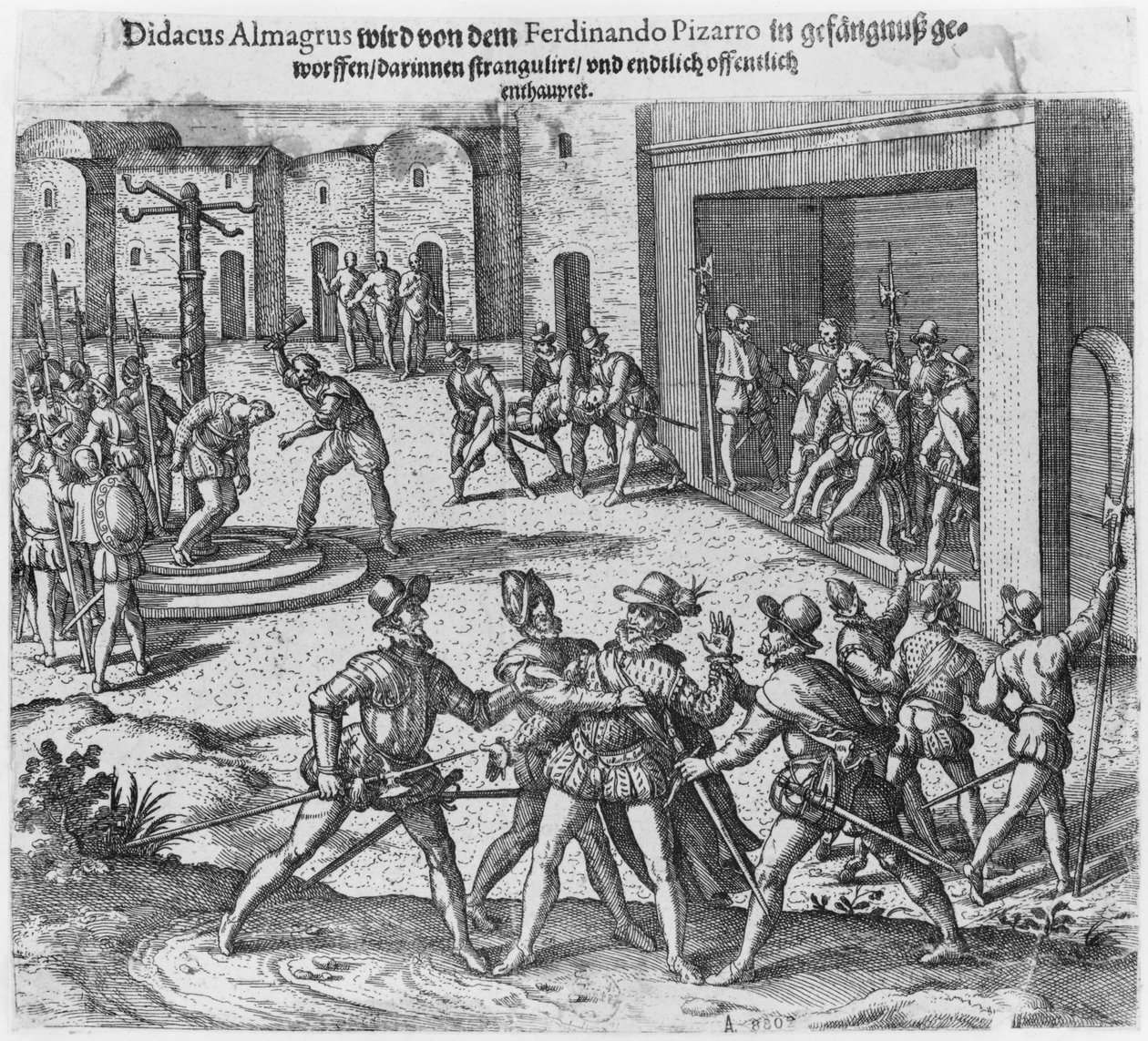 Fangst, rettssak og henrettelse av Diego de Almagro etter ordre fra Francisco Pizarro av Theodore de Bry