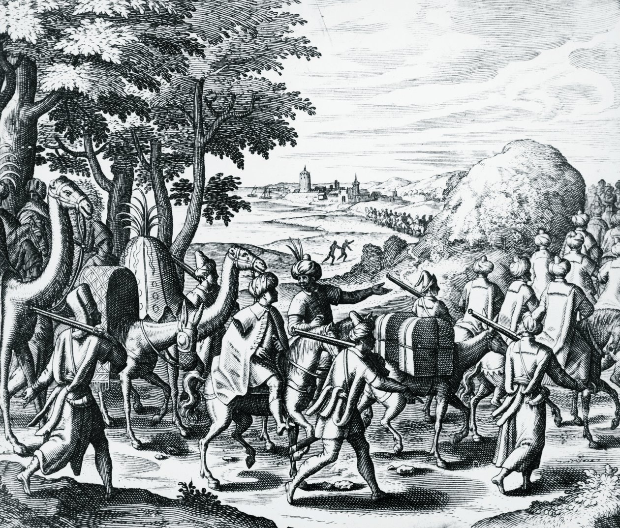 Karavane av arabiske kjøpmenn som reiser fra Aleppo til Basra, gravering fra Grands and Petits Voyages, av Theodor de Bry (1528-1598), Midtøsten av Theodore de Bry
