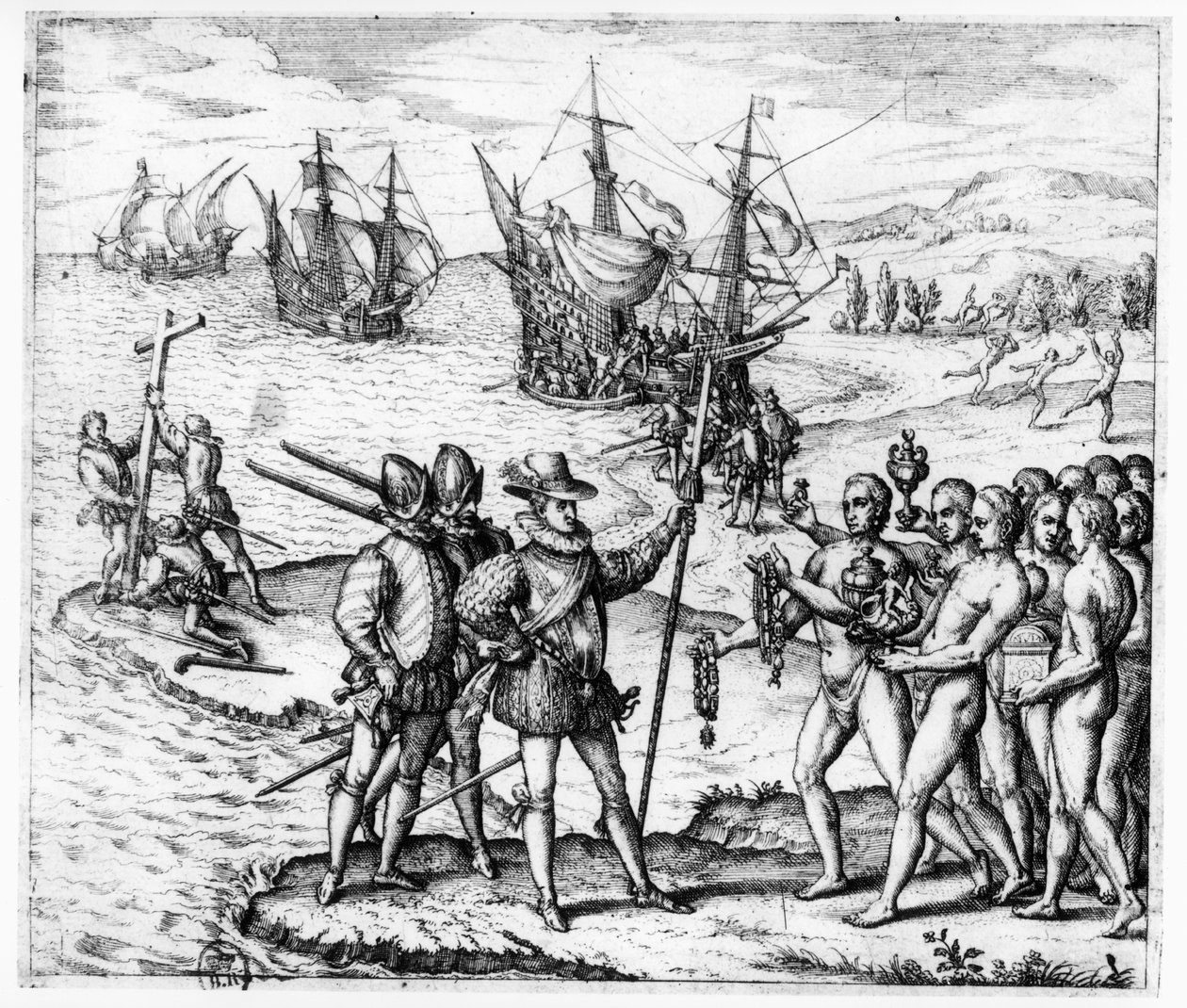Christopher Columbus (1451-1506) mottok gaver fra cacique, Guacanagari, i Hispaniola (Haiti) fra 