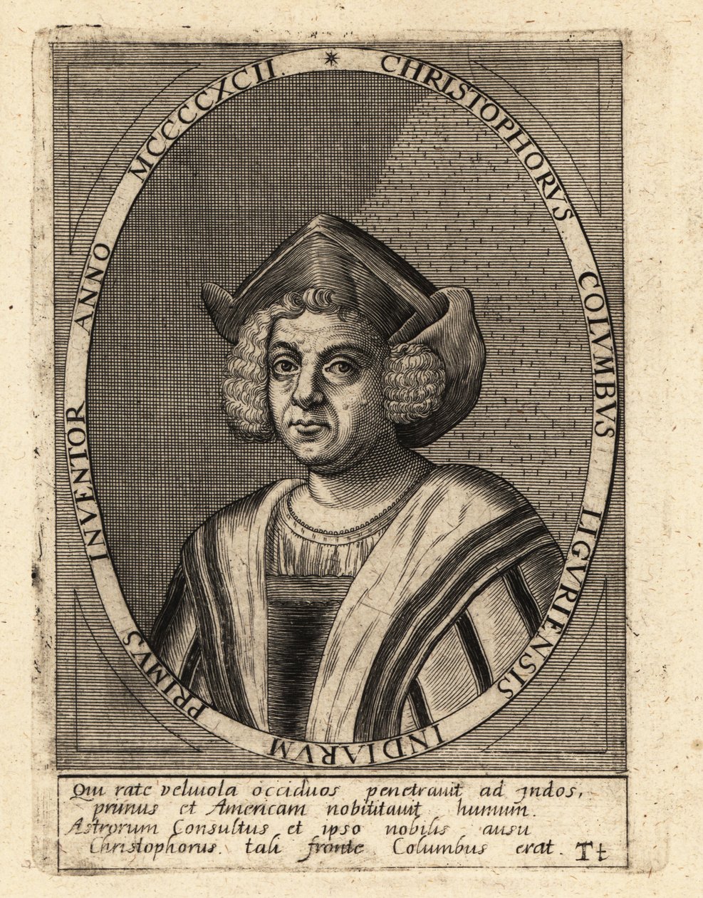 Christopher Columbus, italiensk oppdagelsesreisende og kolonisator av Theodore de Bry