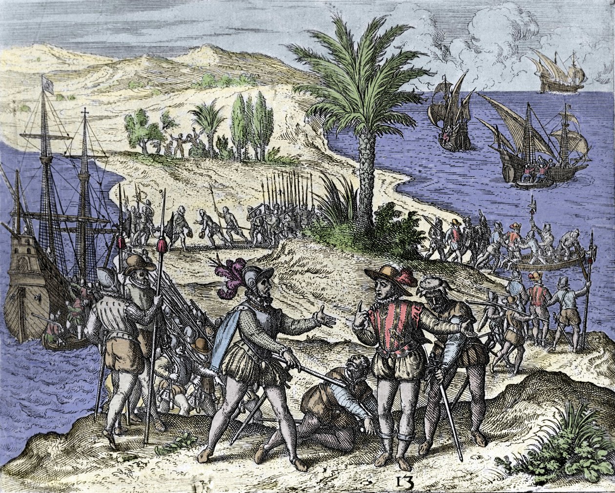 Christopher Columbus og hans bror ble arrestert av Francisco de Bobadilla i 1500. Gravering av Théodore de Bry (1528-1598). av Theodore de Bry
