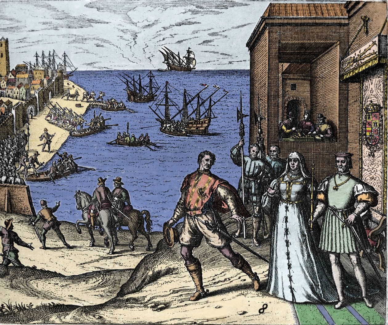 Christopher Columbus og Pinzon-brødrene forlot havnen i Palos i Spania 03.08.1492 til den nye verden. Høyre Kongen og dronningen av Portugal katolske Ferdinand II av Aragon og Isabella Iere av Castilla. Gravering av Theodore de Bry i "" Admirante av Theodore de Bry