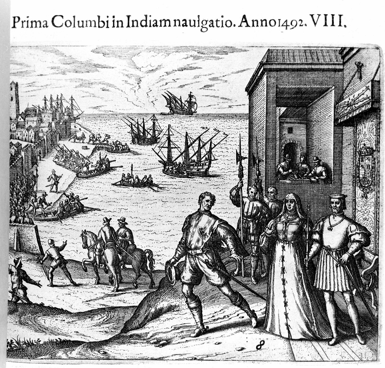 Christopher Columbus og Pinzon-brødrene forlot havnen i Palos i Spania 03.08.1492 til den nye verden. Høyre Kongen og dronningen av Portugal katolske Ferdinand II av Aragon og Isabella Iere av Castilla. Gravering av Theodore de Bry i "" Admirante av Theodore de Bry
