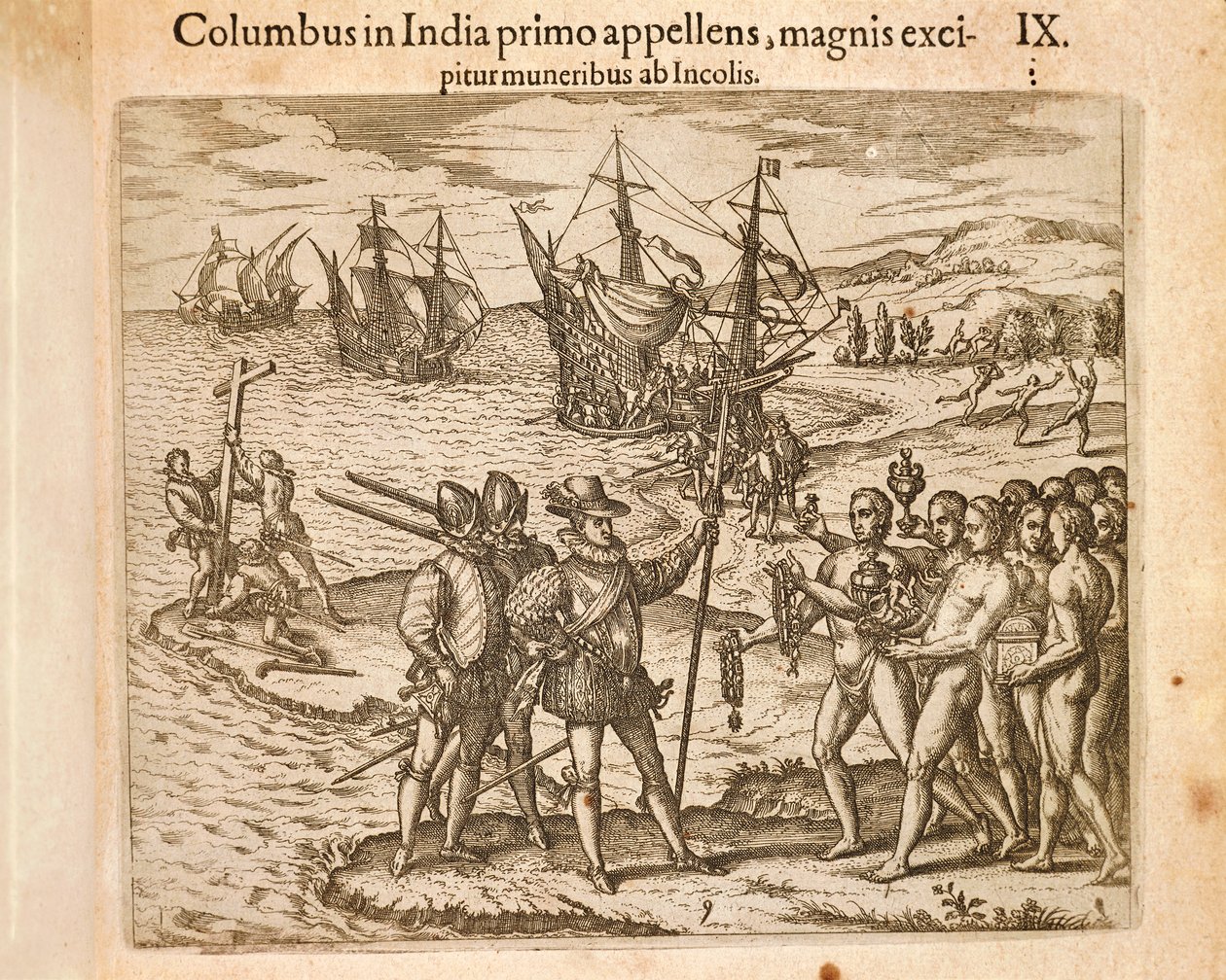 Christopher Columbus lander på øya Guanahani (San Salvador) 12. oktober av Theodore de Bry