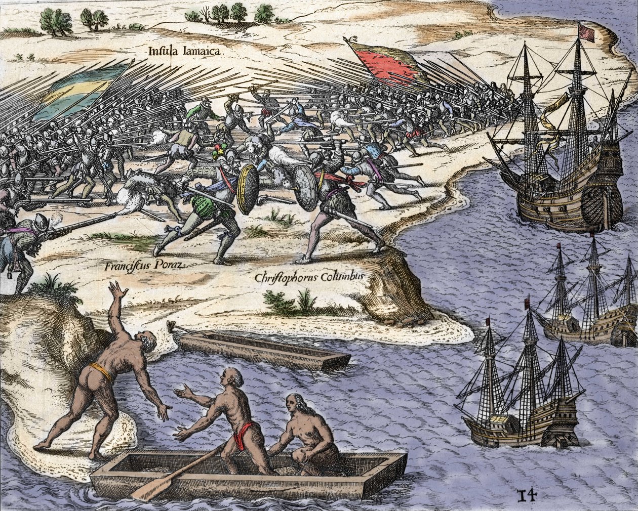Christopher Columbus sin fjerde tur til Jamaica i 1502-1504: kamp mot Francisco Poraz. Gravering fra "Historia Americae sive Novi Orbis" av Theodor de Bry (1527-1598), Amsterdam 1594. av Theodore de Bry
