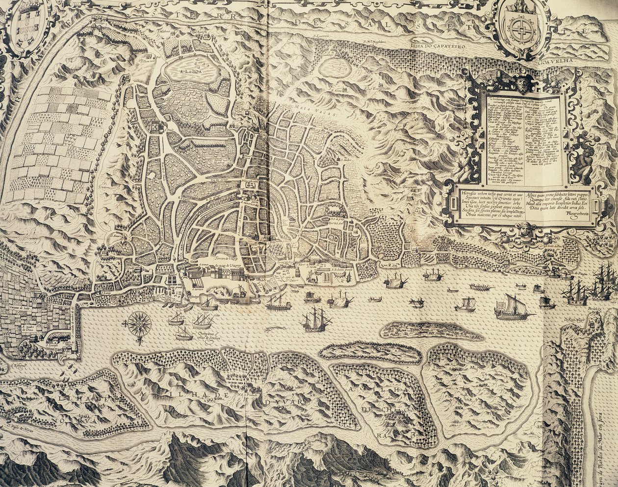 Byen Goa i India, gravering av Theodor de Bry (1528-1598) fra reiseberetning om sjømannen Jan Huyghen van Linschotens reise til portugisisk Øst-India 1579-1592), 1500-tallet av Theodore de Bry