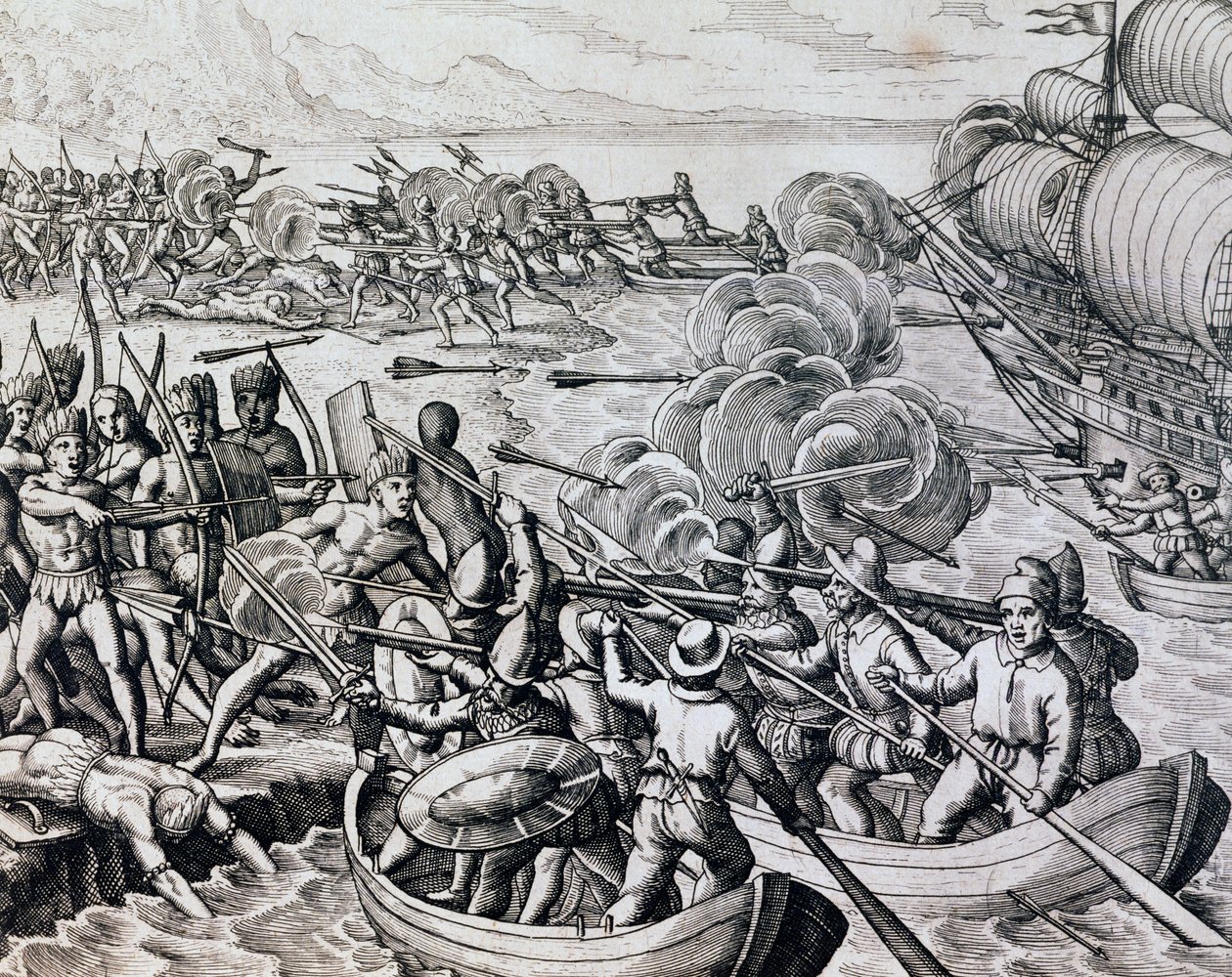 Sammenstøt mellom innfødte indianere og spanske tropper, gravering fra Historia Americae, av Theodor de Bry (1528-1598), Frankfurt av Theodore de Bry
