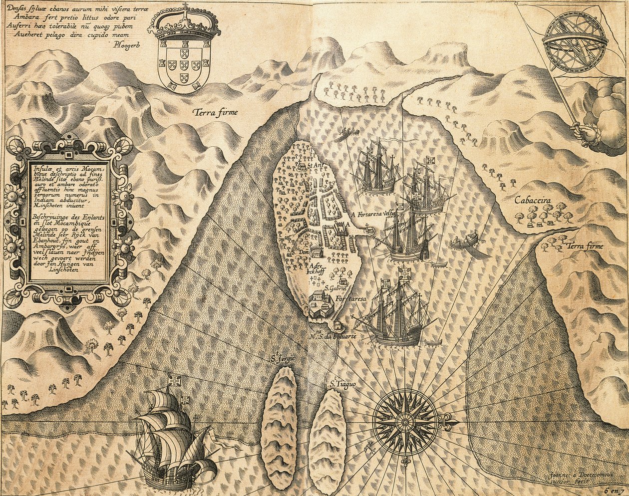 Kyster av Mosambik fra, Øst-India av Johannes Hugonis Linschooten og Theodore de Bry, gravering av Theodore de Bry