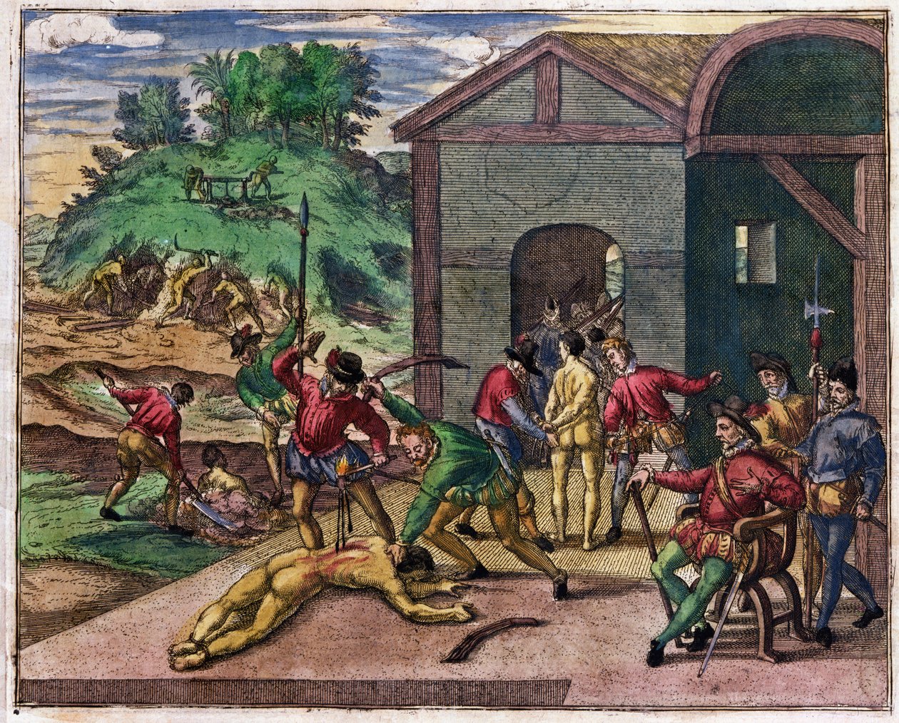 De spanske kolonistenes grusomhet mot indianerne, Mexico, ca. 1550 av Theodore de Bry