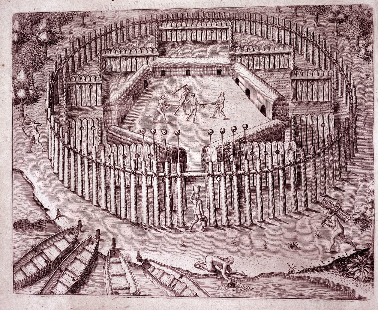 Forsvarssystem av de indiske hyttene ved en dobbel rad med trestammer plantet rundt. De avkuttede hodene til fiender er plassert på toppen (gravering av Theodore de Bry