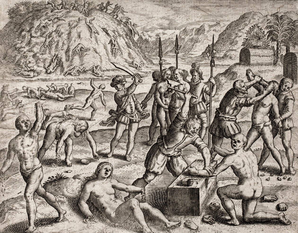 Beskrivelse av forbrytelser påført indianere av spanske nybyggere - Conquistadorer massakrerer en indisk landsby. Amputations des mains - Gravering av Theodore de Bry i "Fortellingen om noen av de mest henrykte indianerne av spanjolene" av Bartolome d av Theodore de Bry