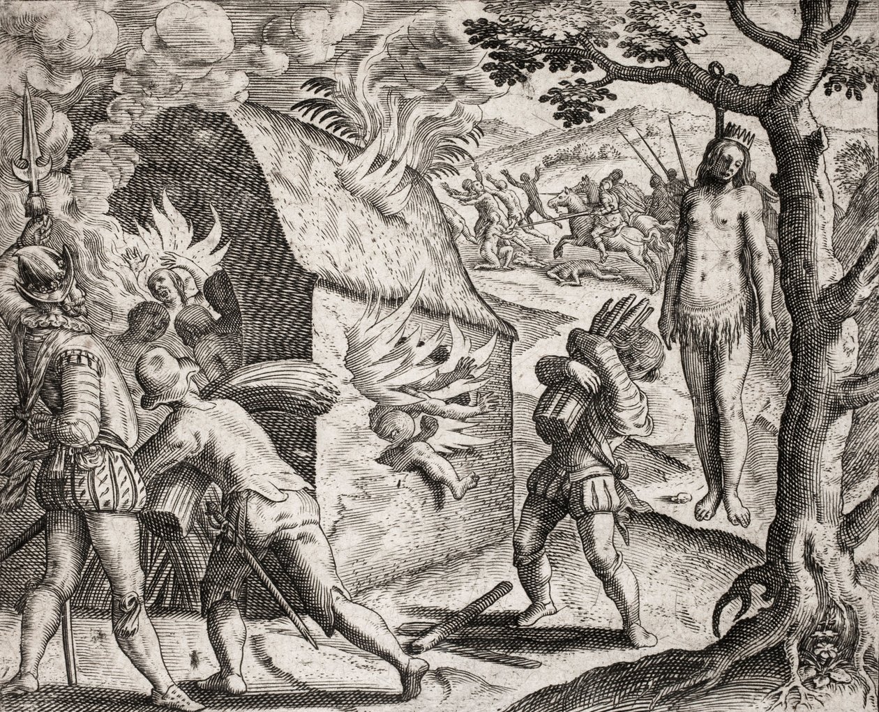 Beskrivelse av forbrytelser påført indianere av spanske nybyggere - Brann i en indisk landsby av conquistadorene. Hanging - Gravering av Theodore de Bry i "Den sanneste historien om noen av de ødelagte spanjolene" av Bartolome de las Casa av Theodore de Bry