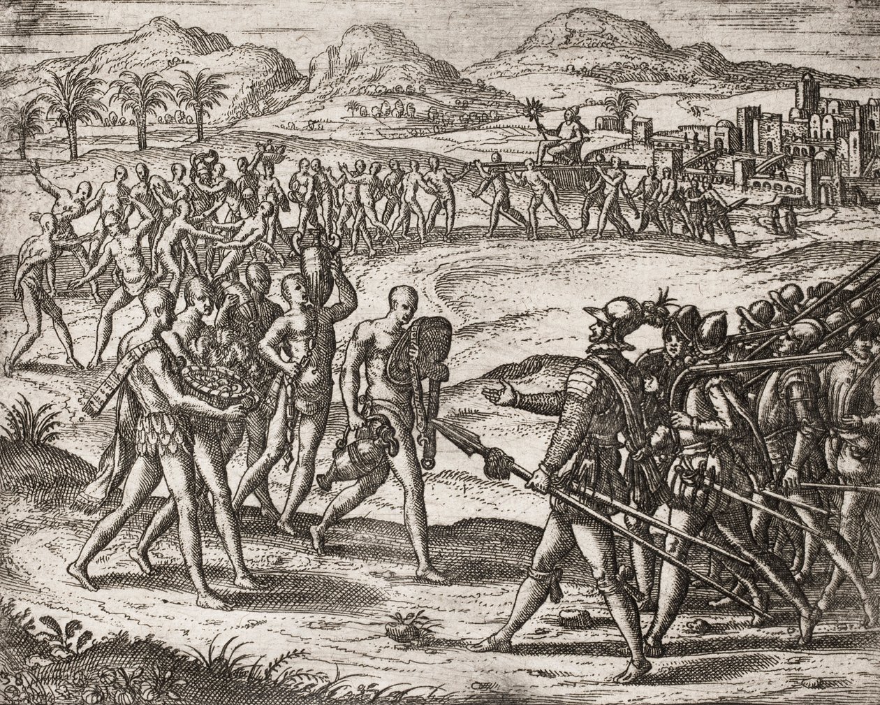 Description of crimes inflicted on Indians by Spanish settlers - Indians bringing gifts and gold to the Conquistadors - Engraving by Theodore de Bry in “” Narratio regionum indicarum per Hispanos quosdam devastatarum verissima”” by Bartolome de las Casas ( av Theodore de Bry