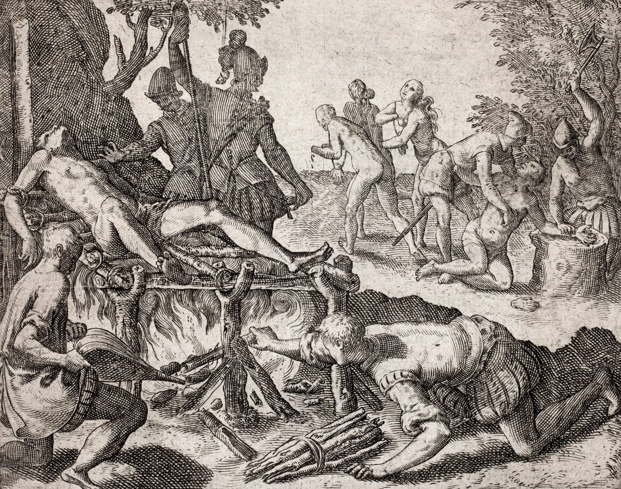 Beskrivelse av forbrytelser påført indianere av spanske nybyggere - Scene for tortur av indianere av spanske conquistadorer. Tortur på en grill, amputasjon av hender - Gravering av Theodore de Bry i "" Narratio regionum indicarum per Hispanos quosdam devas av Theodore de Bry