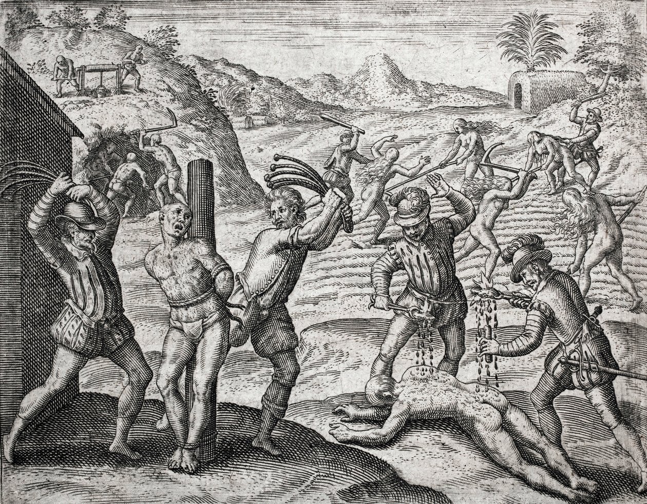Beskrivelse av forbrytelser påført indianere av spanske nybyggere - Spanjoler som torturerer indianere - Gravering av Theodore de Bry i "Brevisima Relacion de la Destruction de las Indias"" av Bartolome de las Casas (1484-1566) av Theodore de Bry