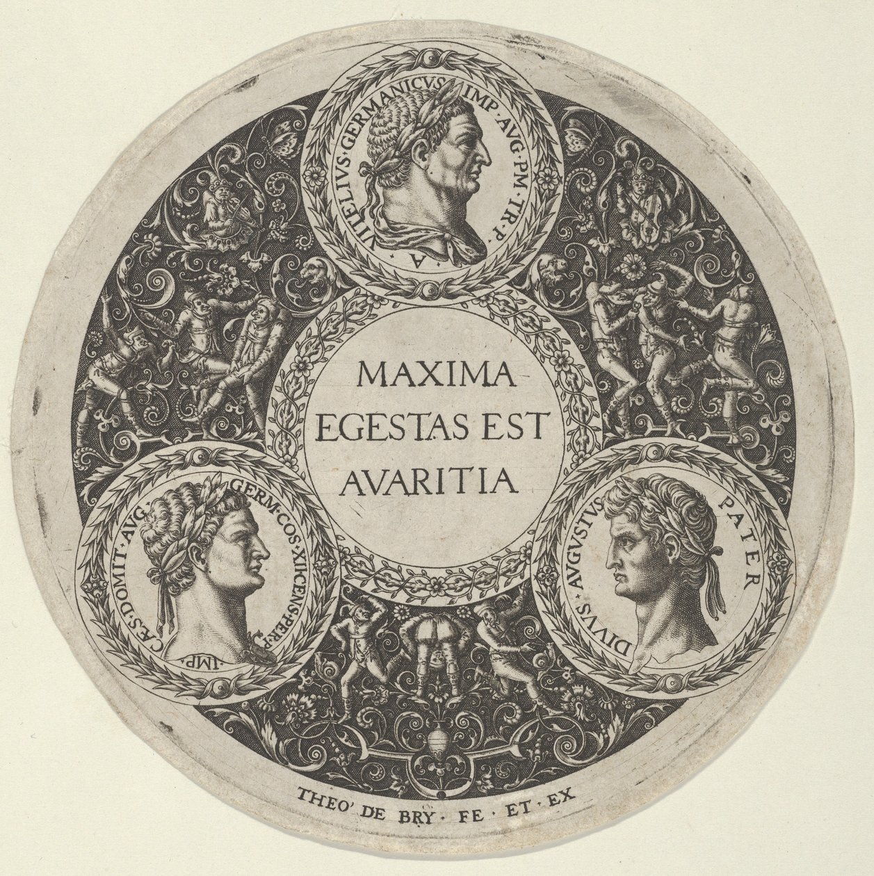 Design for en tallerken med portretter av de romerske keiserne Vitellius, Domitian og August..., ca. 1588. av Theodore de Bry