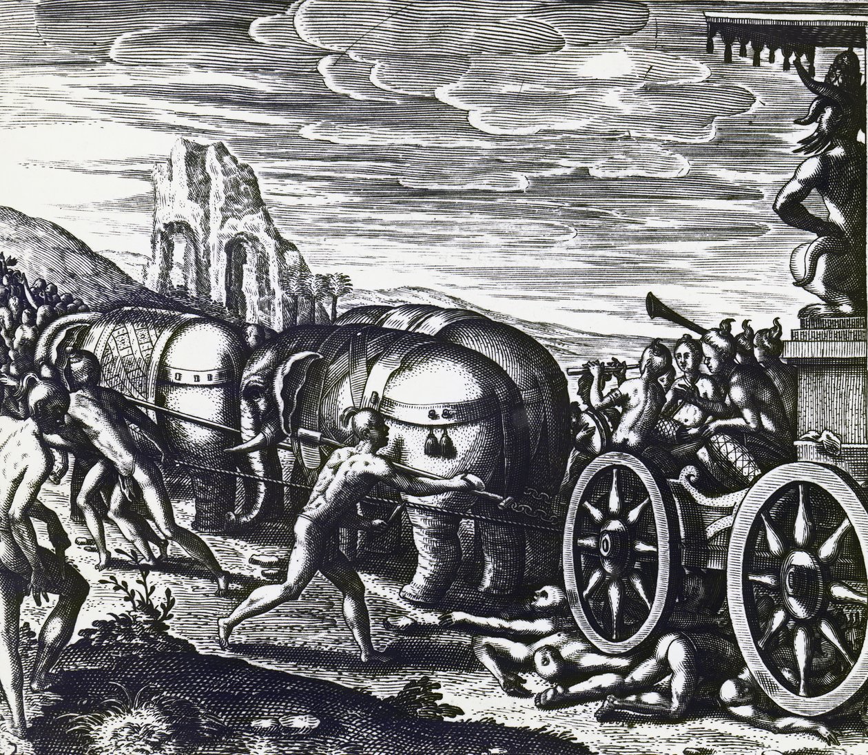 Hengivne blir knust av vogn under prosesjon av idol, av Theodor de Bry (1528-1598), gravering av Theodore de Bry