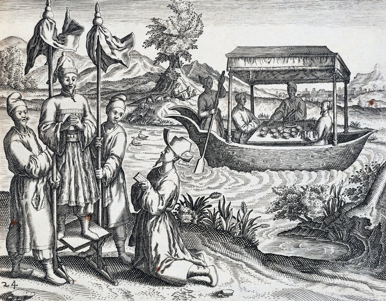 Dignitærenes gate, fra reise foretatt av Jan Huyghen van Linschoten (1563-1611) mellom 1583 og 1592, gravering fra India Orientalis av Theodor de Bry (1528-1598), Kina av Theodore de Bry