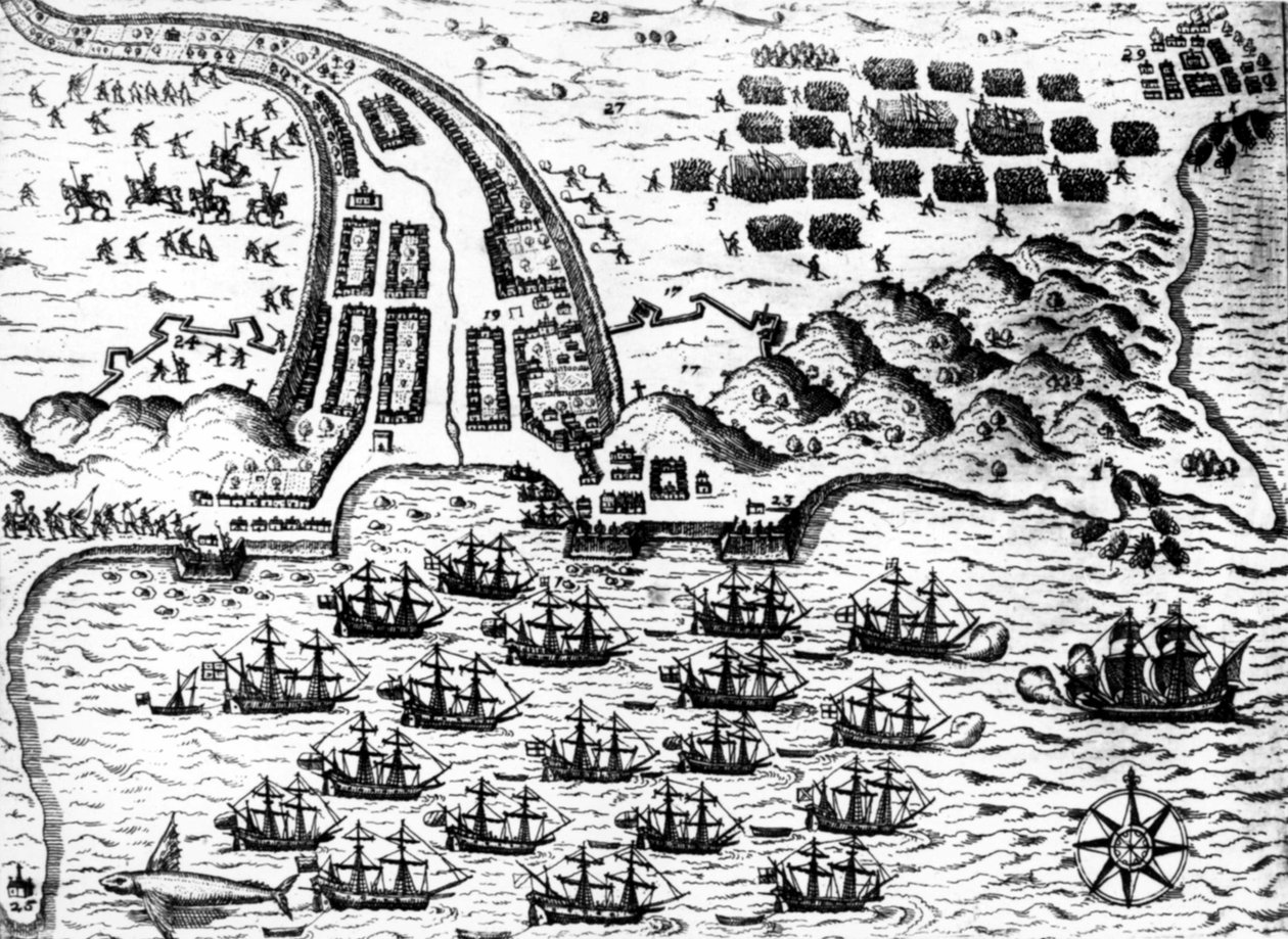 Drake fanget båten "" Saint Giacomo"" på øya Capo Verde, i 1585, av De Bry av Theodore de Bry