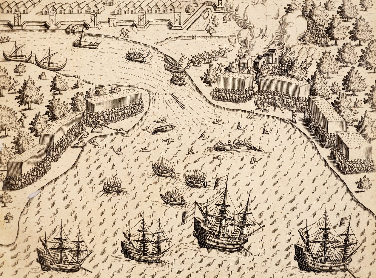 Nederlendere ankommer Madura Island, Java, gravering fra arbeidet India Orientalis, av Theodor de Bry (1528-1598), Indonesia av Theodore de Bry