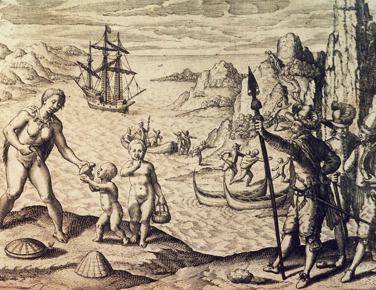 Den nederlandske kapteinen Sebald de Weert lander på kysten av Guyana, fra Historia americae, av Theodor de Bry (1528-1598), Frankfurt av Theodore de Bry