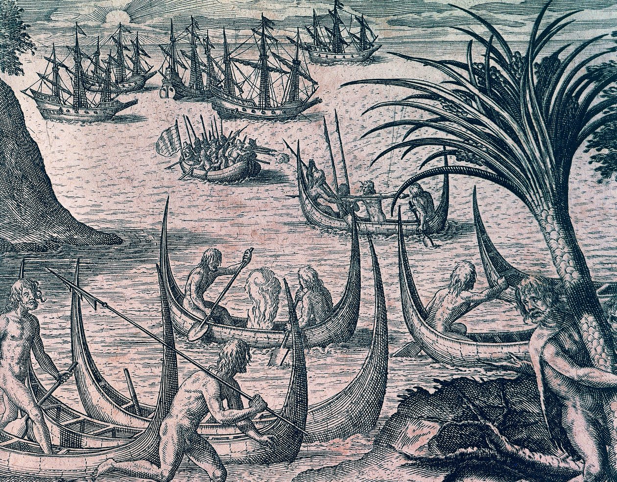 Nederlandske skip i Magellanstredet, gravering fra amerikansk historie av Theodore de Bry (1528-1598), Frankfurt av Theodore de Bry